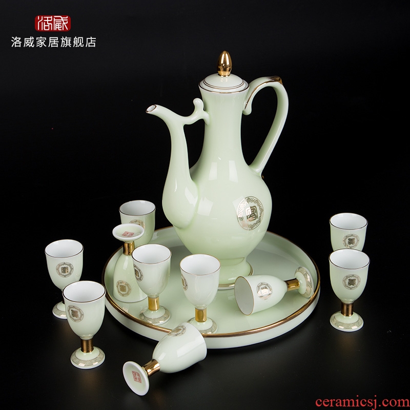 Jingdezhen wine suits ceramic celadon home court of a complete set of antique Chinese jade porcelain paint jar of wine cup