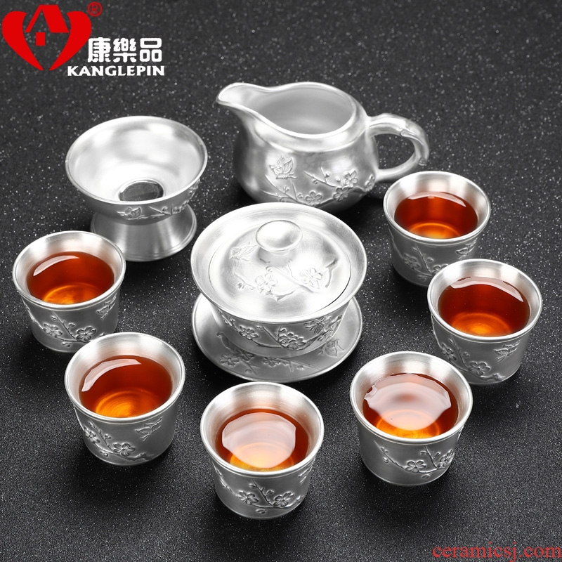 Recreational product coppering.as silver 999 silver ceramic tea set manually kung fu tea teapot teacup 6 people of a complete set of gift box