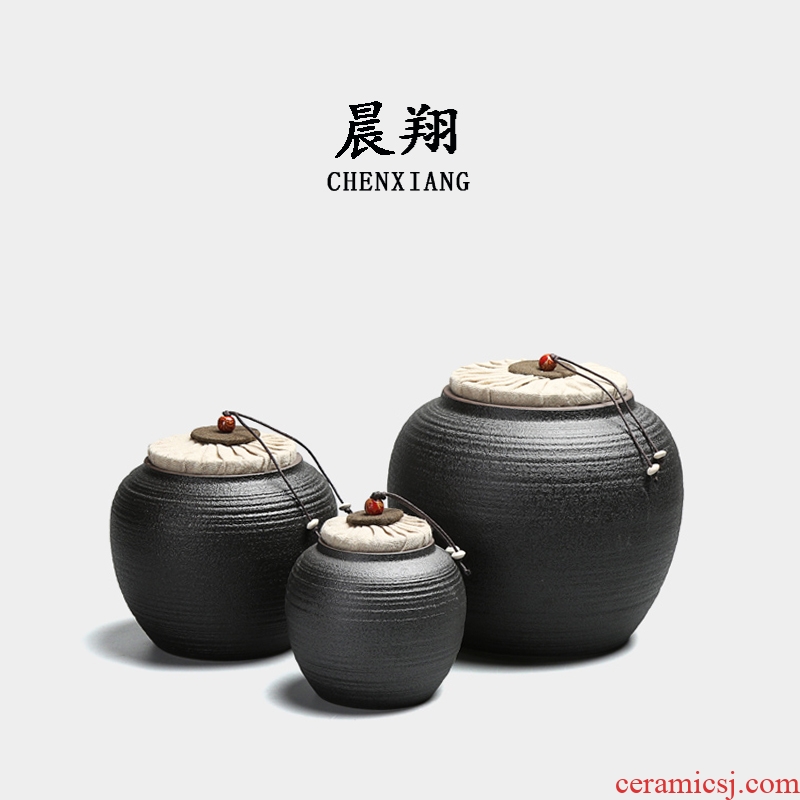 Black pottery morning cheung zen tea canister coarse pottery large firewood seal pot small ceramic wake pu 'er tea packaging