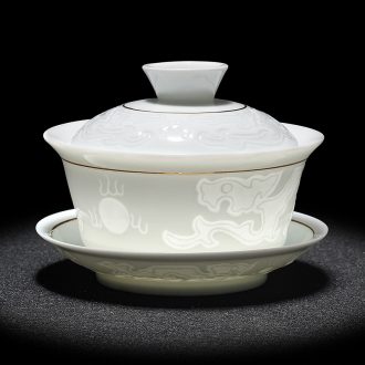 Tang Yunchun manual only three tureen jingdezhen thin foetus white jade porcelain cups tea bowl of Japanese household kung fu tea set