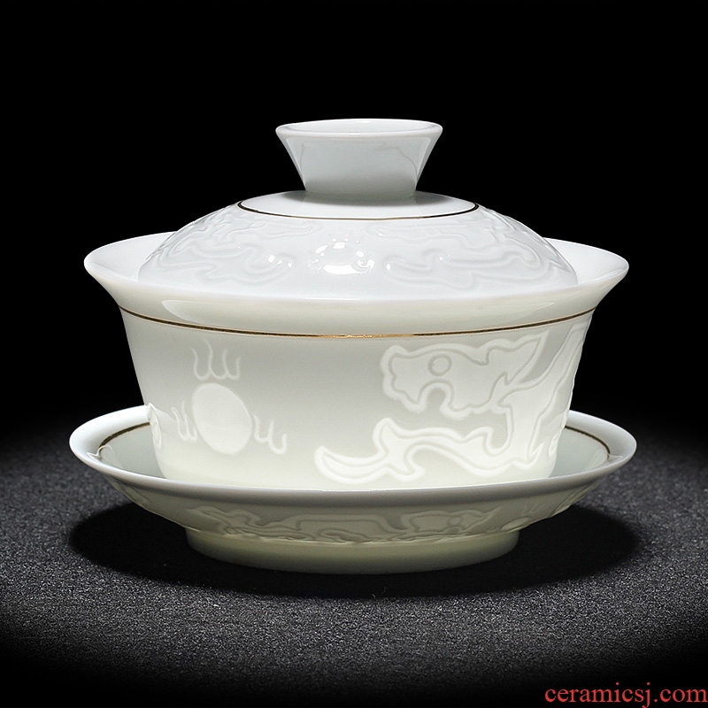 Tang Yunchun manual only three tureen jingdezhen thin foetus white jade porcelain cups tea bowl of Japanese household kung fu tea set