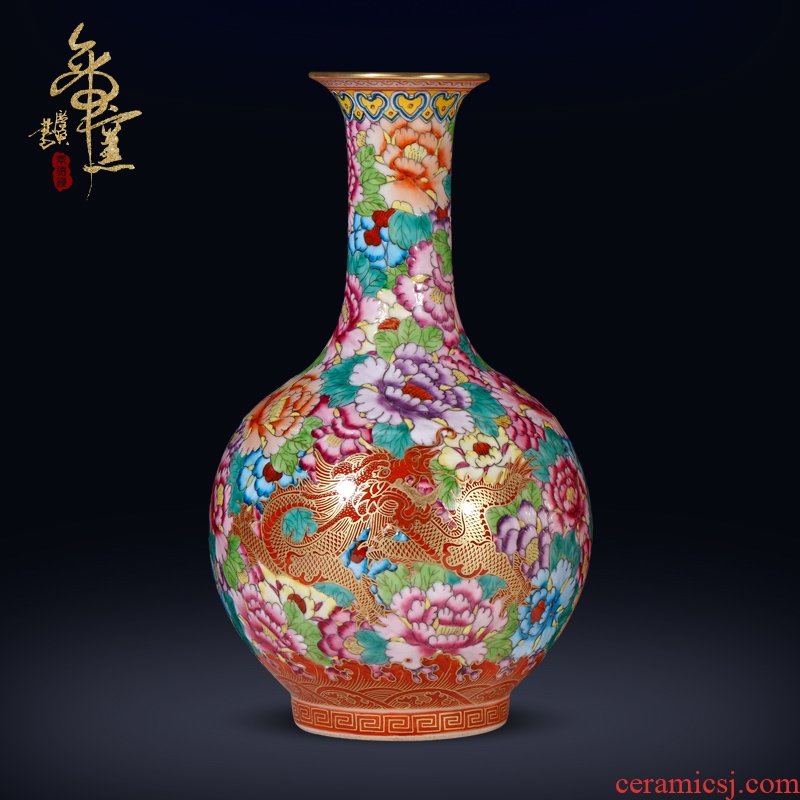 Jingdezhen ceramics archaize qing qianlong enamel dragon wear Chinese style flower vase sitting room porch crafts