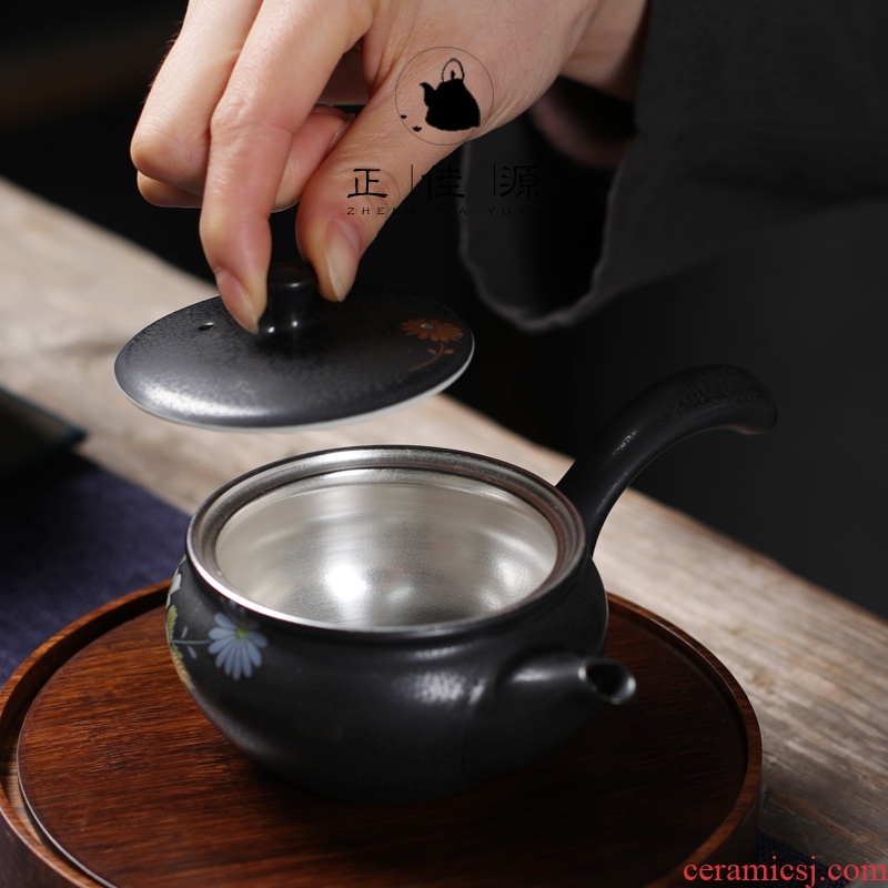 Is good source 999 sterling silver black pottery lay flowers coppering.as silver side of the pot of Japanese creative ceramic kung fu tea tea utensils