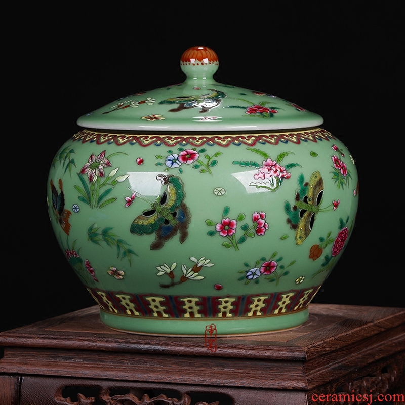 Jingdezhen ceramics pea green glaze antique hand-painted enamel butterfly storage tank cylinder barrel seeds wedding gift