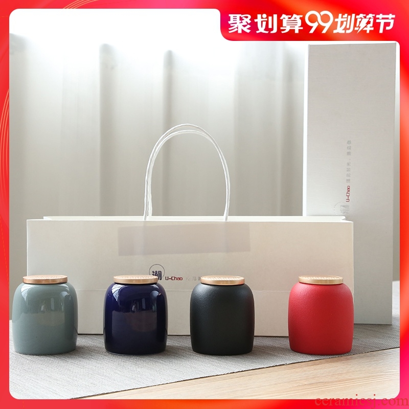 Hong bo acura plain caddy ceramic seal canners moistureproof tea warehouse portable small POTS of four