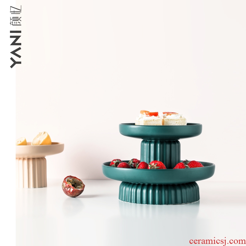 Designer compote Nordic double household light luxury multilayer ceramic fruit bowl sitting room tea cake dessert