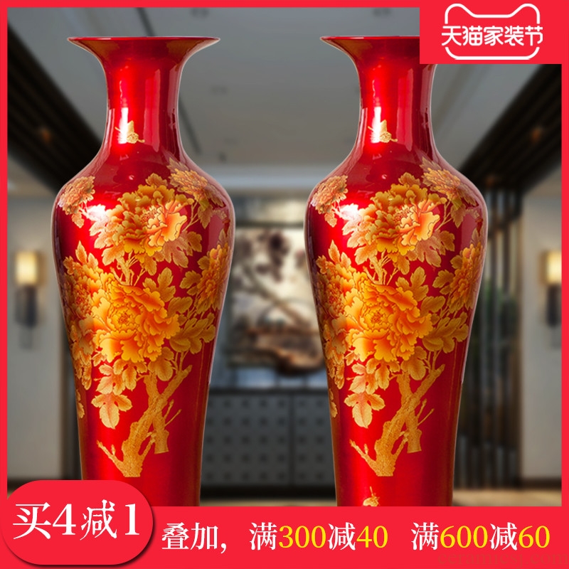 Jingdezhen ceramic floor big red blue vase peony modern Chinese style hotel decoration furnishing articles large living room