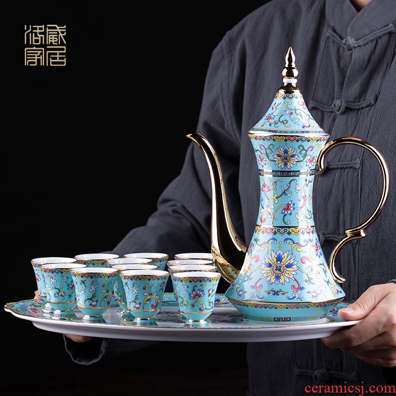 Jingdezhen colored enamel wine suit household of Chinese style ceramic liquor pot liquor cup small a small handleless wine cup a gift