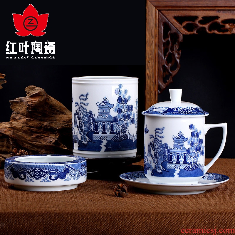 Red leaves of jingdezhen tea service in-glazed porcelain white porcelain cup five head office stationery pen container suit everyday gifts