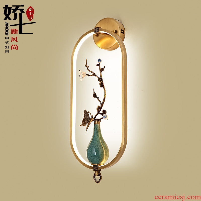 New Chinese style ceramic wall lamp all copper zen Chinese wind creative personality sitting room bedroom study club villa hotel