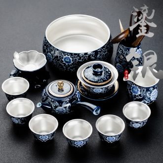 Bin, ceramic coppering.as silver tea sets, 999 sterling silver tea service of a complete set of kung fu tea cup teapot with blue and white porcelain