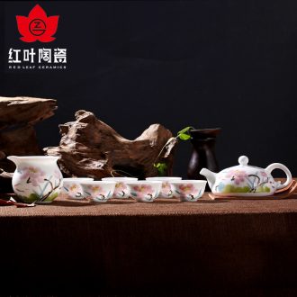 Red porcelain jingdezhen porcelain of a complete set of kung fu tea set the teapot teacup tea home colorful lotus