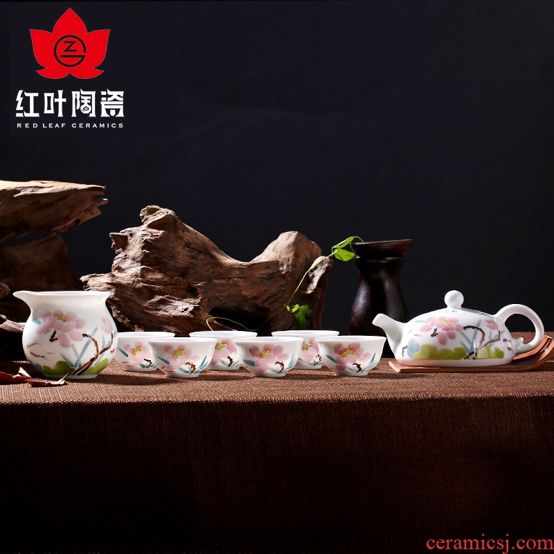 Red porcelain jingdezhen porcelain of a complete set of kung fu tea set the teapot teacup tea home colorful lotus