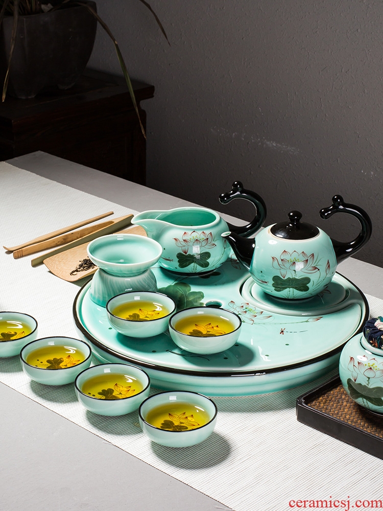 Kung fu tea set home office tea kettle celadon porcelain lotus jingdezhen hand-painted tea tea table