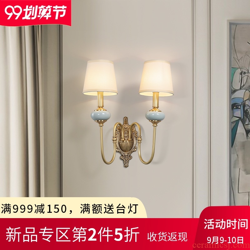 American living room wall lamp light luxury atmosphere all copper hotel villa ceramic cloth art adornment wall lamp of bedroom the head of a bed