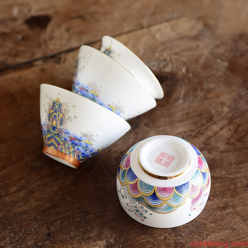 Colored enamel porcelain teacup household kung fu tea set sample tea cup manual single cup master cup white jade porcelain tea bowl