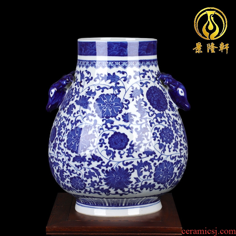 Jingdezhen ceramics large blue and white vase landing ears flower arrangement sitting room adornment of Chinese style household furnishing articles