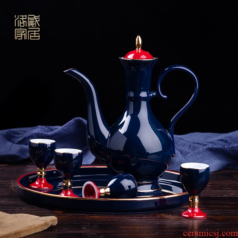 Ji blue wine suits domestic Chinese jingdezhen ceramics liquor cup archaize flagon gift box with a small handleless wine cup rice wine