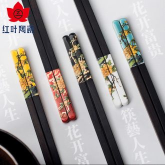 Red ceramic blooming flowers chopsticks chopsticks gift boxes log handmade gifts creative gifts of high-grade wooden chopsticks