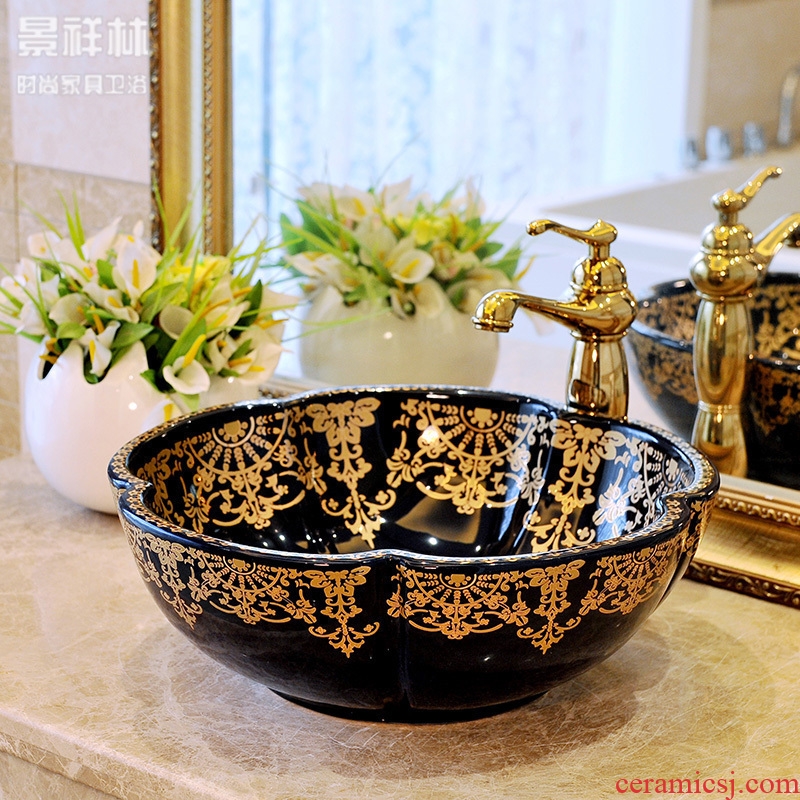 Ceramic lavabo stage basin art lavatory basin continental basin black gold flower petals toilet