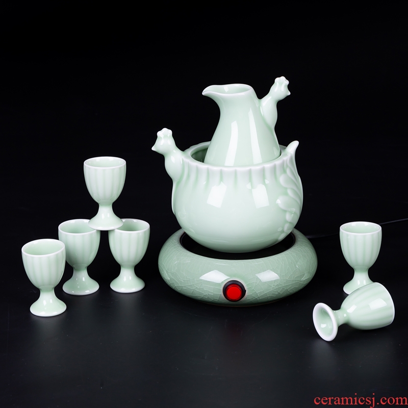 Jingdezhen ceramic temperature wine pot of wine suit green glaze hot hot wine warm hip home wine and rice wine liquor cup