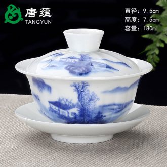 Tang aggregates retro blue tureen large cups hand-painted single three ceramic kung fu tea tea bowl white porcelain