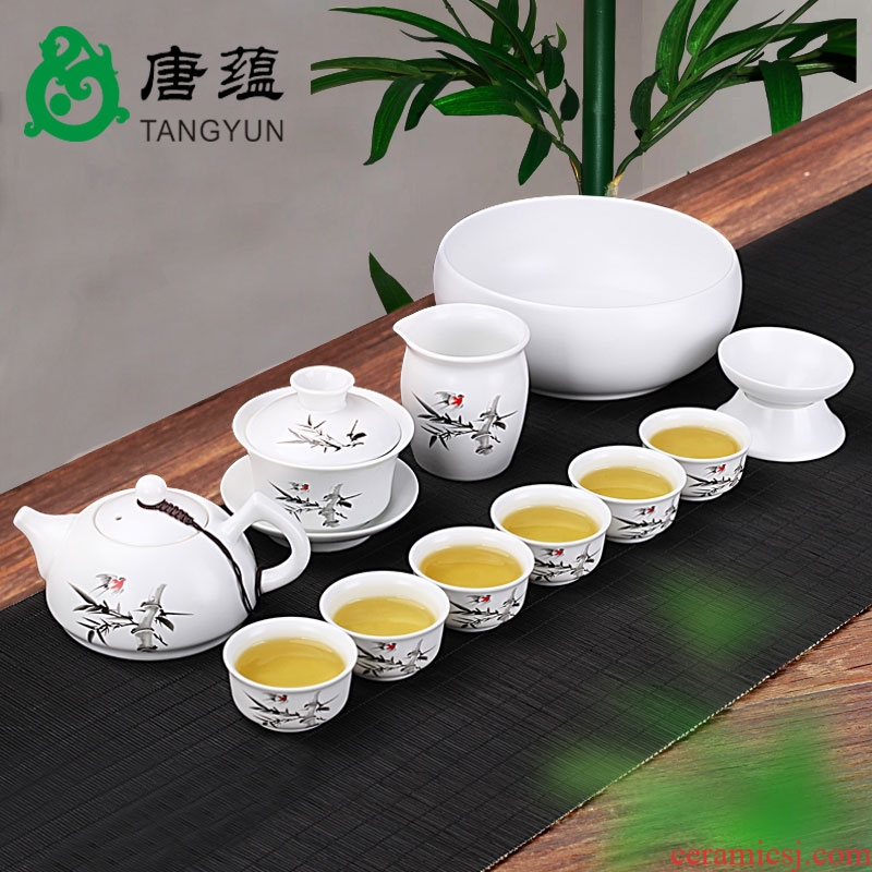 Tang aggregates ceramic kung fu tea set suit household teapot contracted and contemporary tea cups dehua white porcelain small set of ideas