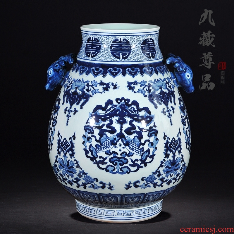 Nine Tibetan Buddha tasted jingdezhen ceramic antique hand-painted sweet deer ear of blue and white porcelain statue of the sitting room place cylinder vase