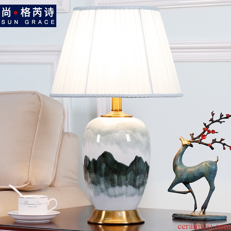 Jingdezhen new Chinese style landscape ceramic desk lamp lamp of bedroom the head of a bed restoring ancient zen sitting room sofa tea table lamp