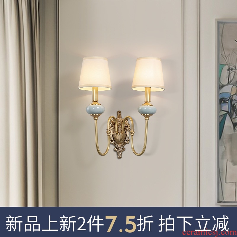 American living room wall lamp light luxury atmosphere all copper hotel villa ceramic cloth art adornment wall lamp of bedroom the head of a bed