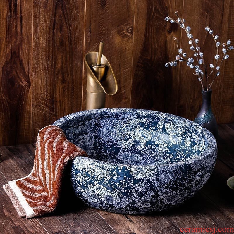 Sink on blue and white round Chinese style restoring ancient ways the hotel toilet basin of jingdezhen ceramic art dish washing basin