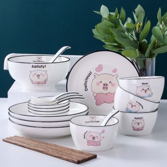 Ceramic dishes suit cute piggy contracted Korean home four dishes chopsticks combination tableware nice bowl