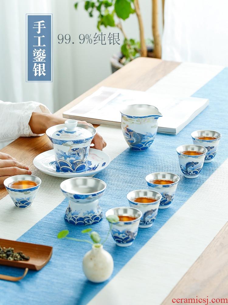 Tasted silver gilding kung fu tea set of blue and white porcelain household ceramic tea tureen tea cups of a complete set of 999 sterling silver gift boxes