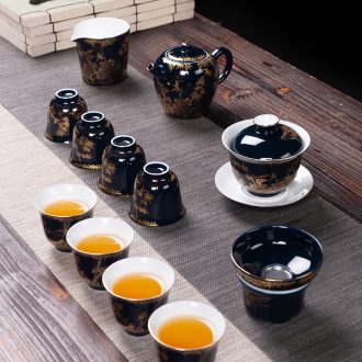 Luo wei ji blue glaze was suit household modern kung fu tea set jingdezhen ji blue tureen teapot fair mug