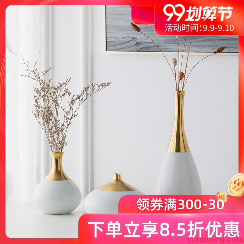 Jingdezhen ceramic fine mouth vase boreal Europe style decoration flower arranging small mouth edge golden white porcelain furnishing articles the living room