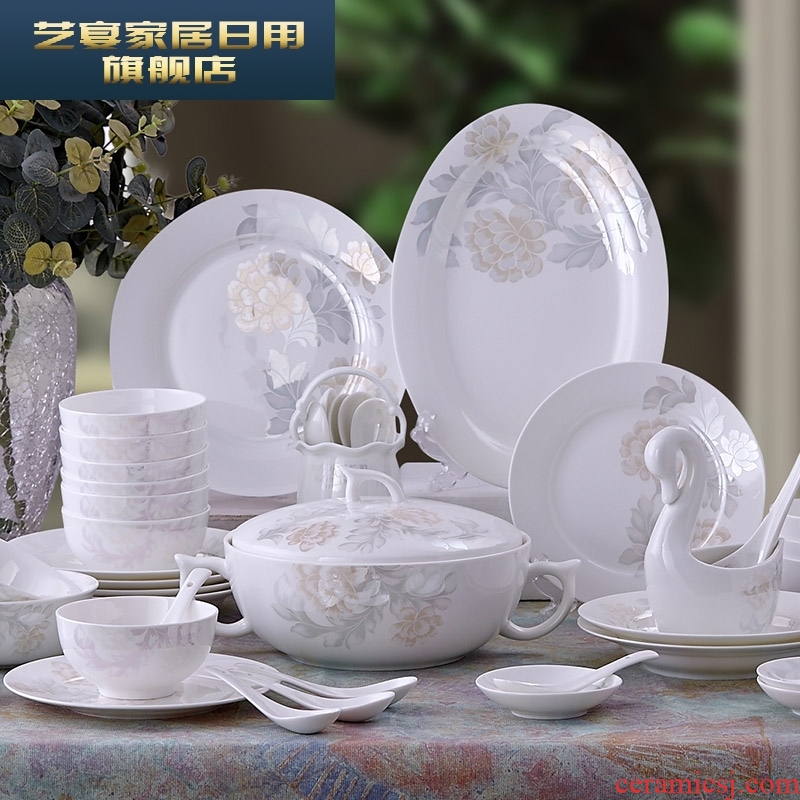 3 PLT bone porcelain tableware suit Chinese style kitchen dishes dishes household tableware ceramic bowl with chopsticks