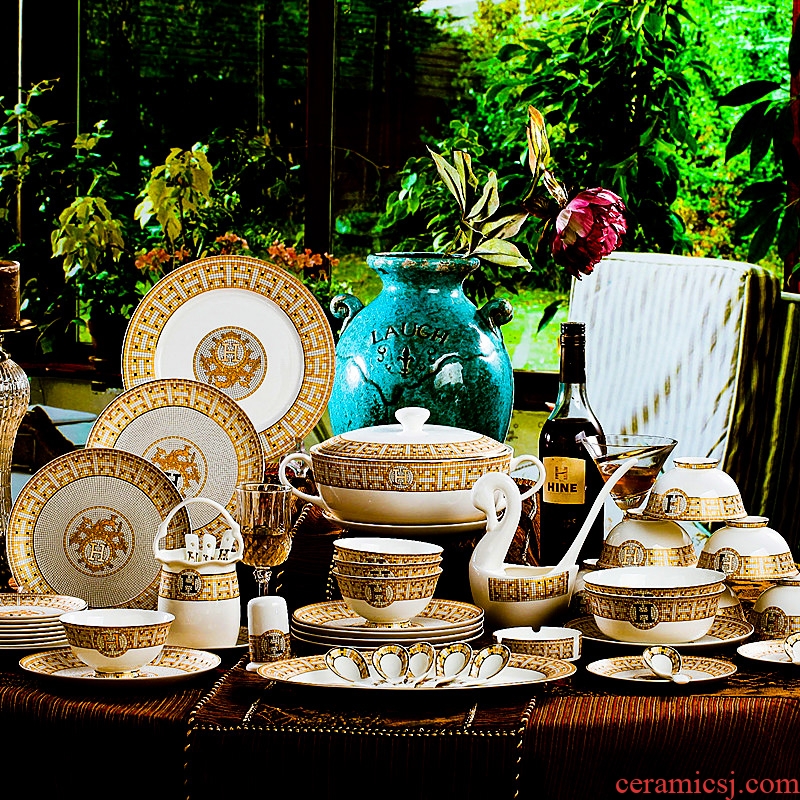New hermes european-style luxury bone porcelain tableware suit household jingdezhen upscale western-style creative bowl dish