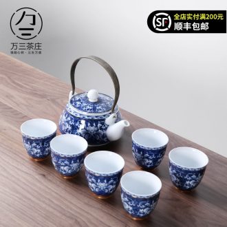 Three thousand make tea tea teapot teacup suit of blue and white porcelain archaize manual girder household ceramics large teapot