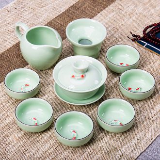 Ronkin calving household kung fu tea set longquan celadon ceramic cups of a complete set of the teapot
