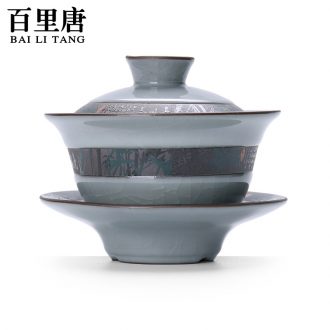 Thyme tang three Japanese open piece of elder brother kiln tureen worship only tea cups of ice to crack glaze kung fu tea set