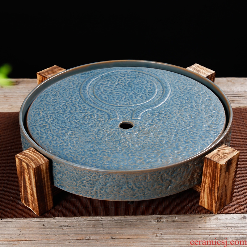 Bin DE stone mill ceramic round antique solid wood tea tray, dry tea set a large pot of 12 water drainage water