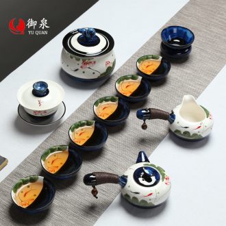 Imperial springs tureen ceramic kung fu tea set suit household contracted hand-painted Japanese tea ceremony kiln teapot tea cups