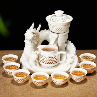 Iron Qin Yi proof of a complete set of automatic tea set suit white porcelain ceramic kung fu and exquisite blue and white hollow out lazy with tea