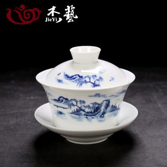 Blue and white tureen large ceramic tea set bowl super-large dehua white porcelain bowl gourmet three battery to bowl tea