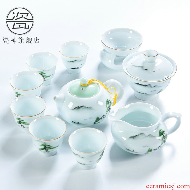 Porcelain god celadon household kung fu tea set suits Chinese contracted handmade ceramic teapot tea cups