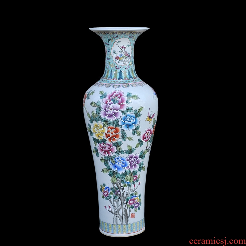 Jingdezhen ceramic of large vases, antique hand-painted famille rose blooming flowers goddess of mercy bottle of large vase