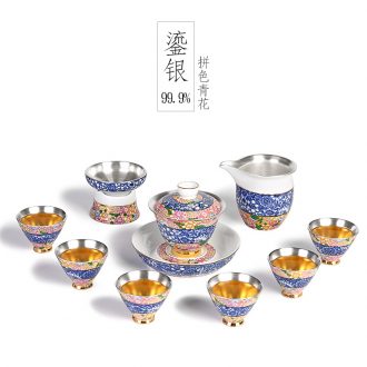 999 sterling silver of a complete set of kung fu tea set manually tasted silver gilding household ceramic tea sets lid bowl of tea gift box