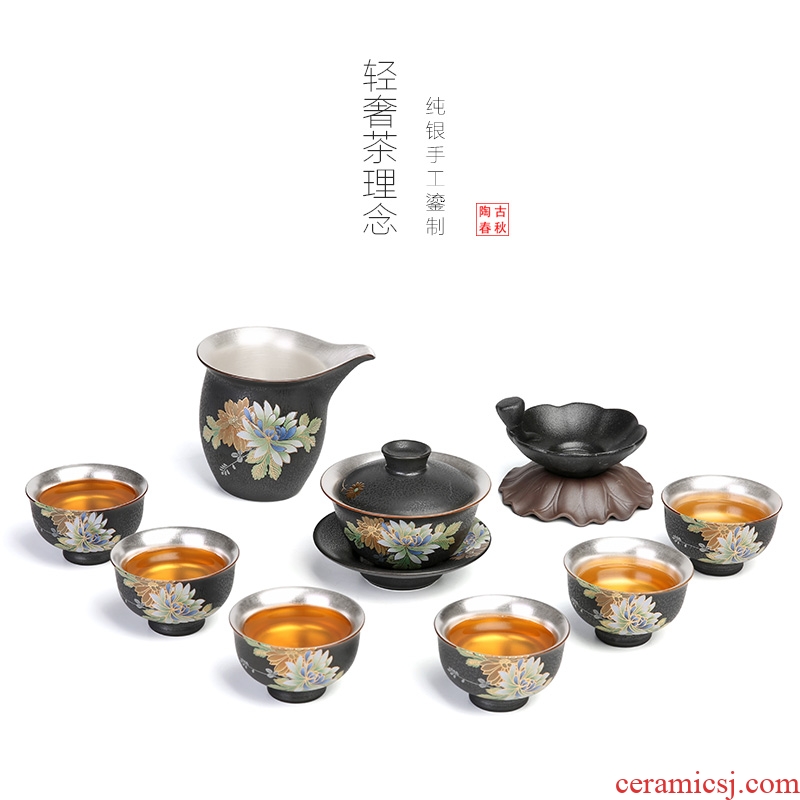 999 sterling silver of a complete set of kung fu tea set manually tasted silver gilding household ceramic tea set on the flower pot cup gift boxes
