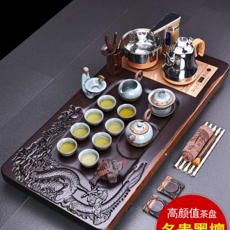 HaoFeng violet arenaceous kung fu tea set suit household ebony wood tea tray tea tea ceramic teapot teacup