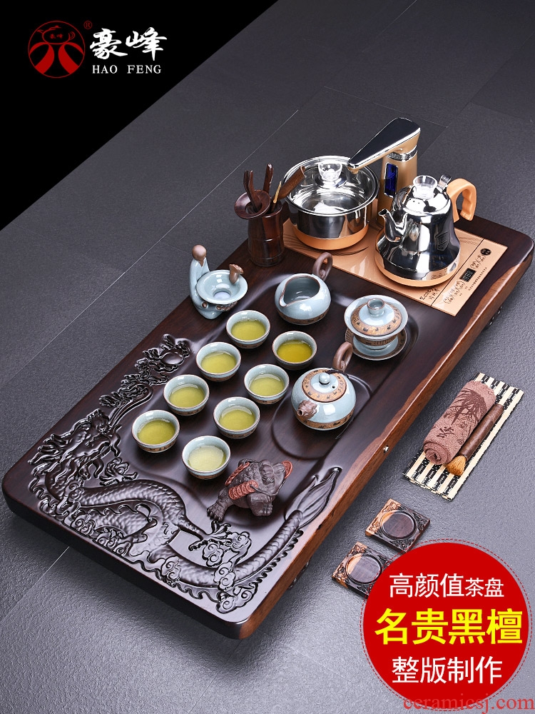 HaoFeng violet arenaceous kung fu tea set suit household ebony wood tea tray tea tea ceramic teapot teacup